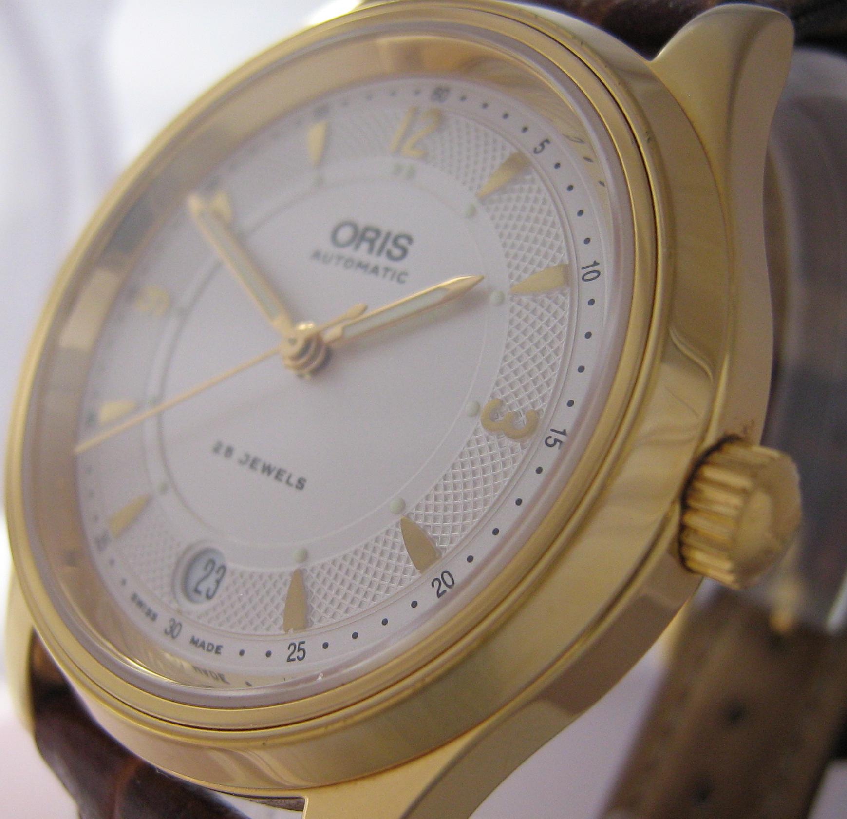 Oris Modern Classic Gold Watch, White Dial With Brown Leather Strap