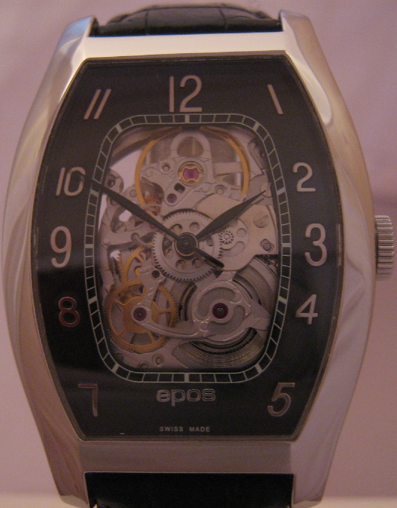 Epos Tonneau Skeleton Watch, Black Dial With Leather Stap