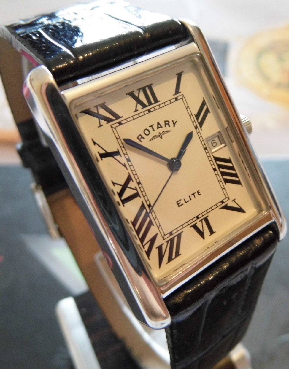 Rotary Elite Silver, White Dial, Black Leather Strap