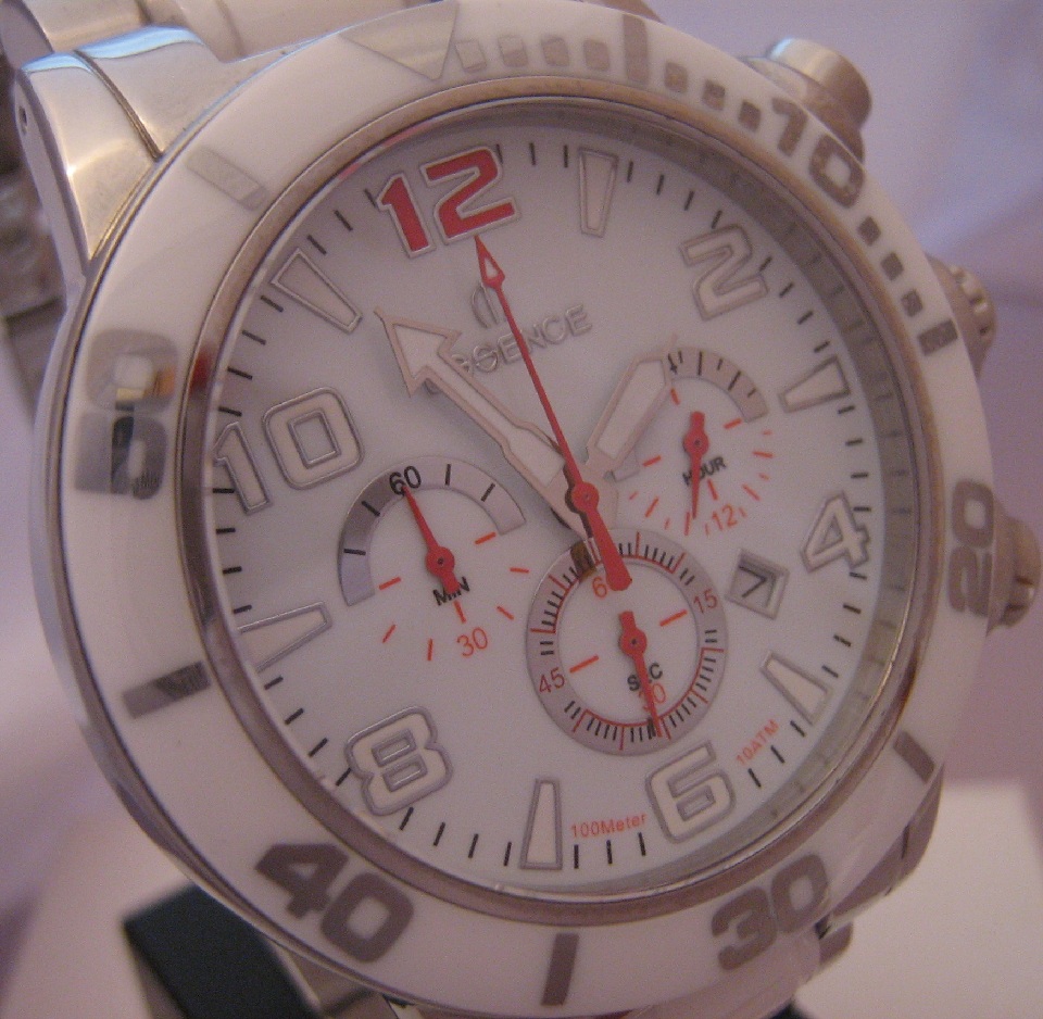 Essence Quartz Ceramic Chronograph, White Dial, Ceramic & Steel Bracelet