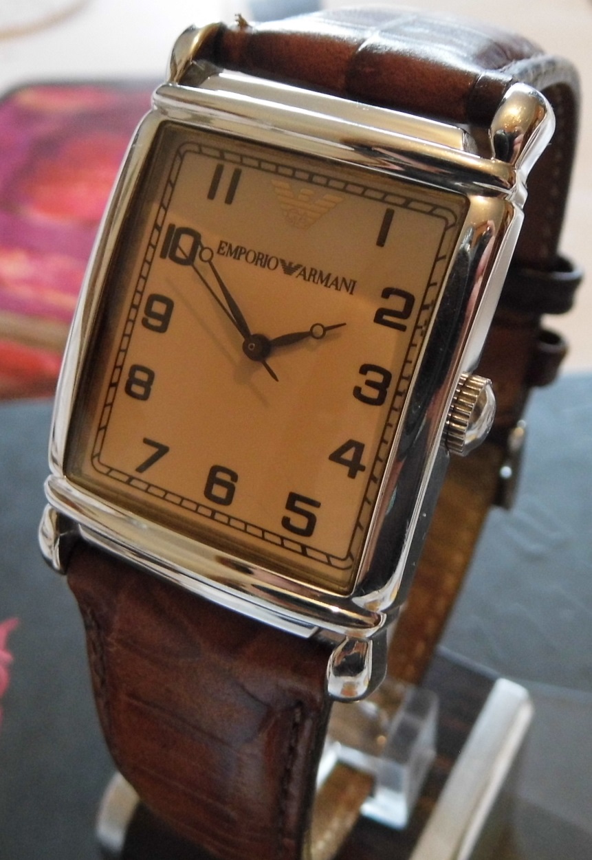 Emporio Armani Classic Tank, Brown Dial, Leather Strap