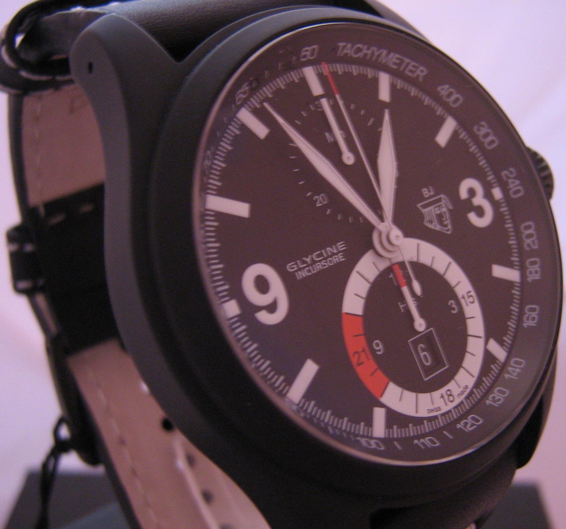Glycine Black Jack Chronograph, Black Dial With Leather Strap