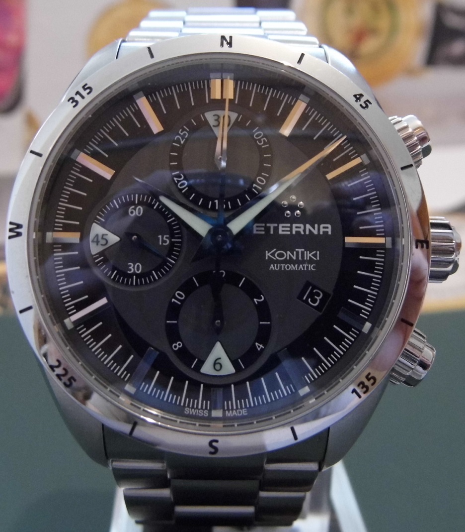 Eterna Kontiki Automatic Chronograph, Black Dial, Bracelet