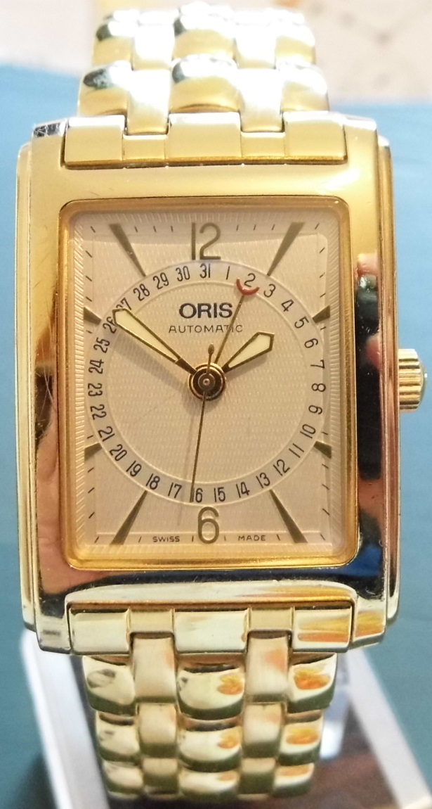 Oris Gold IP Rectangular Pointer Date, Silver Dial, Bracelet