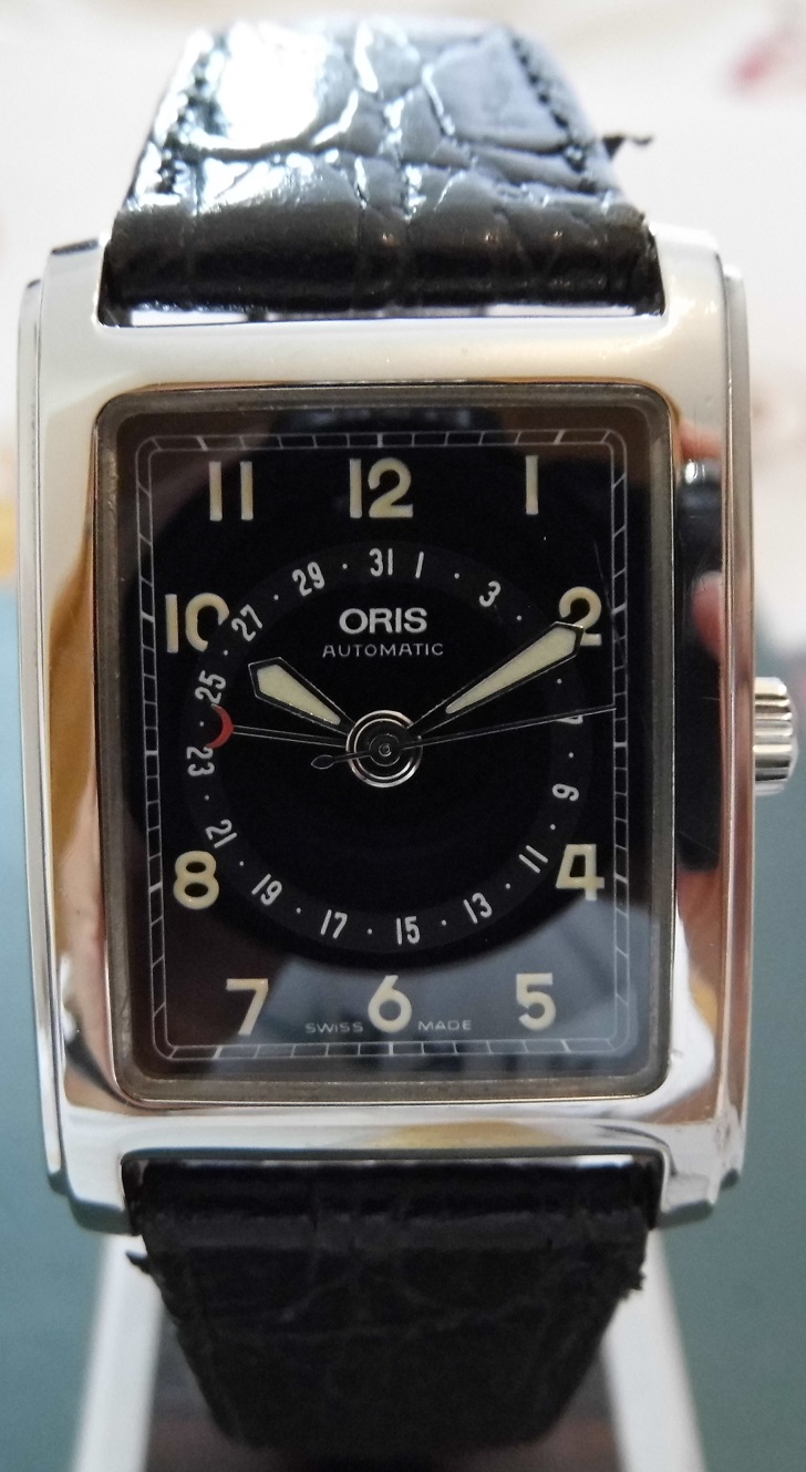 Oris Rectangular Pointer Date, Black Dial With Leather Strap