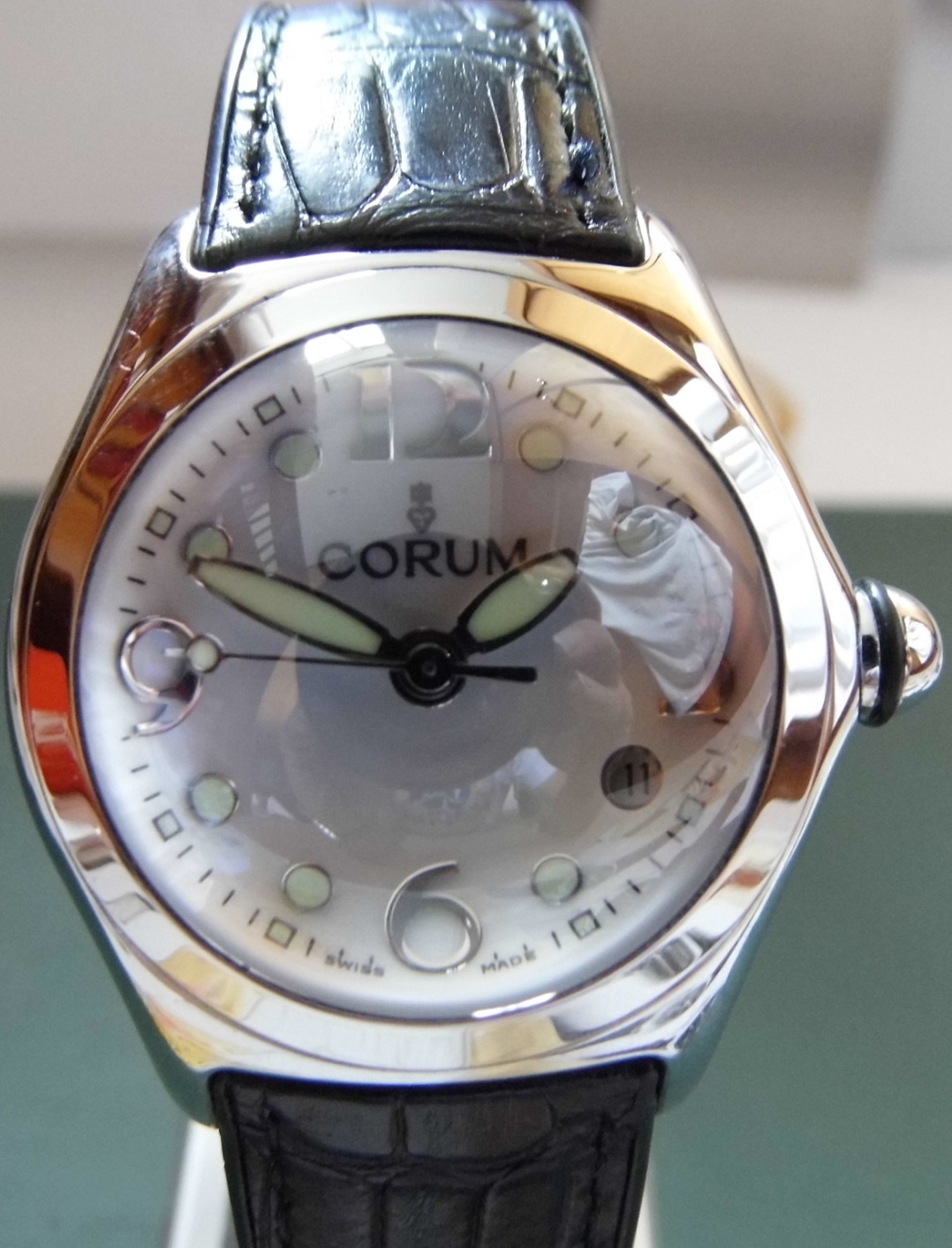 Corum Bubble Quartz, Silver Dial, Black Leather Strap