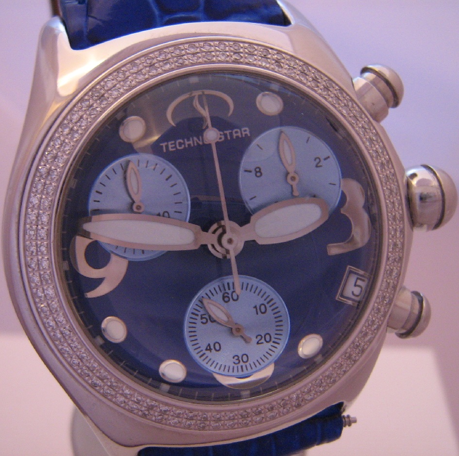 Techno Star Diamond Bubble Chronograph, Blue Dial With Leather Strap