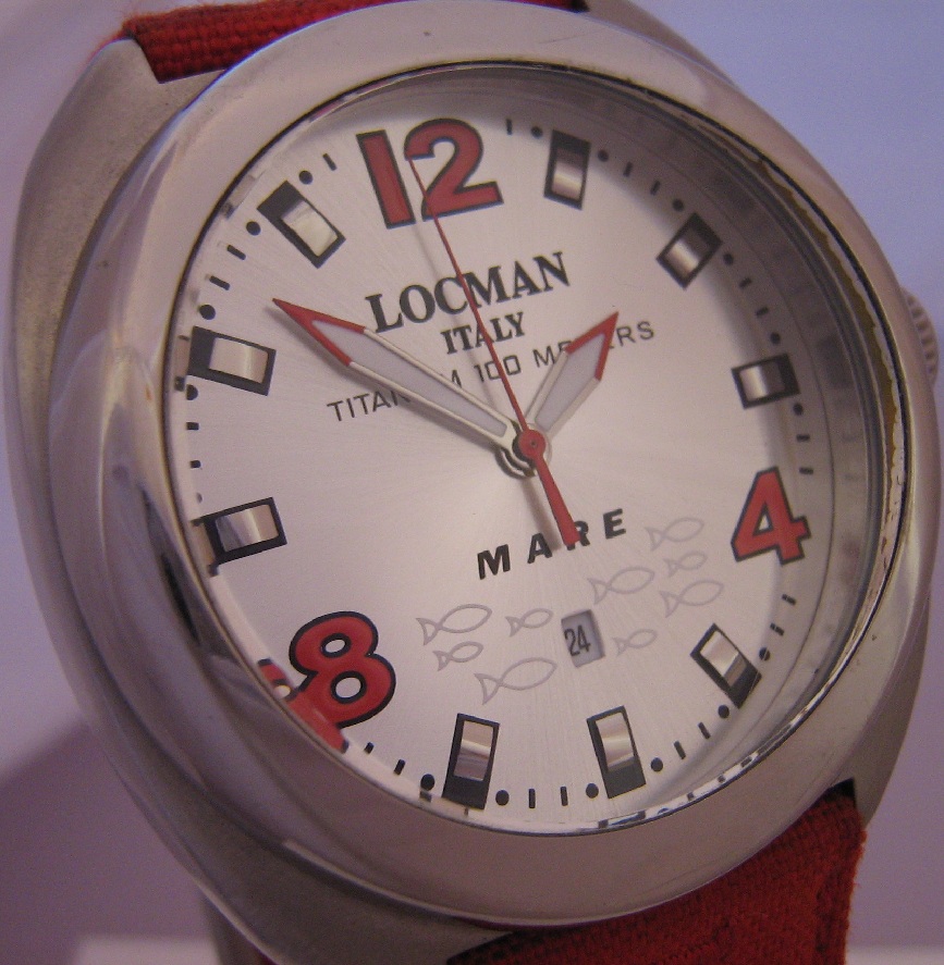 Locman Mare Titanium Watch, Silver Dial With Red Strap