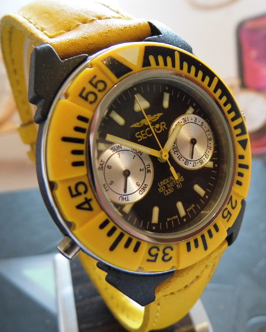 Sector Underlab, Black Dial, Yellow Leather / Canvas Strap