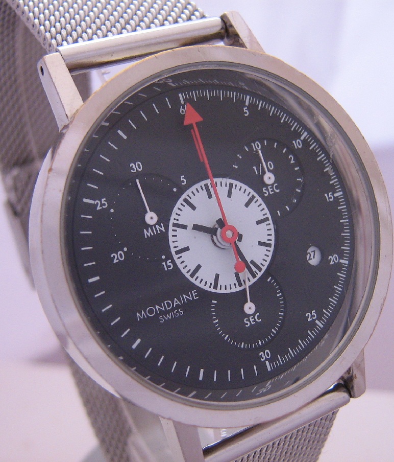 Mondaine Swiss Chronograph, Black Dial With Bracelet