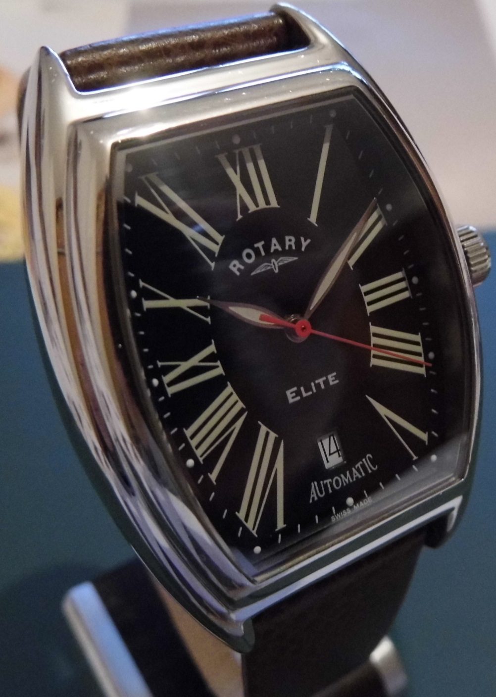 Rotary Elite Tonneau Limited Edition, Black Dial, Leather Strap