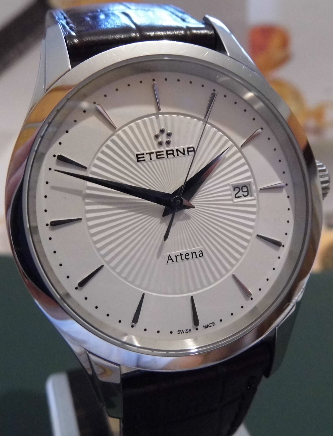 Eterna Artena Quartz, White Dial, Brown Leather Strap