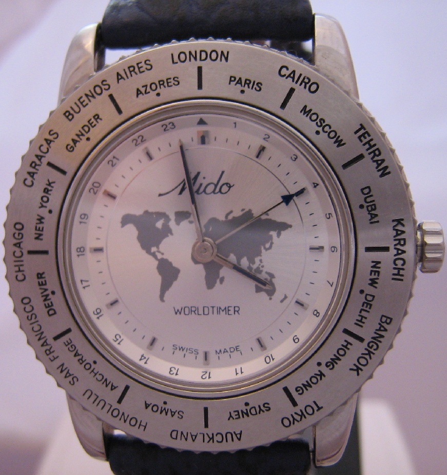 Mido Worldtimer, Silver Dial With Blue Leather Strap