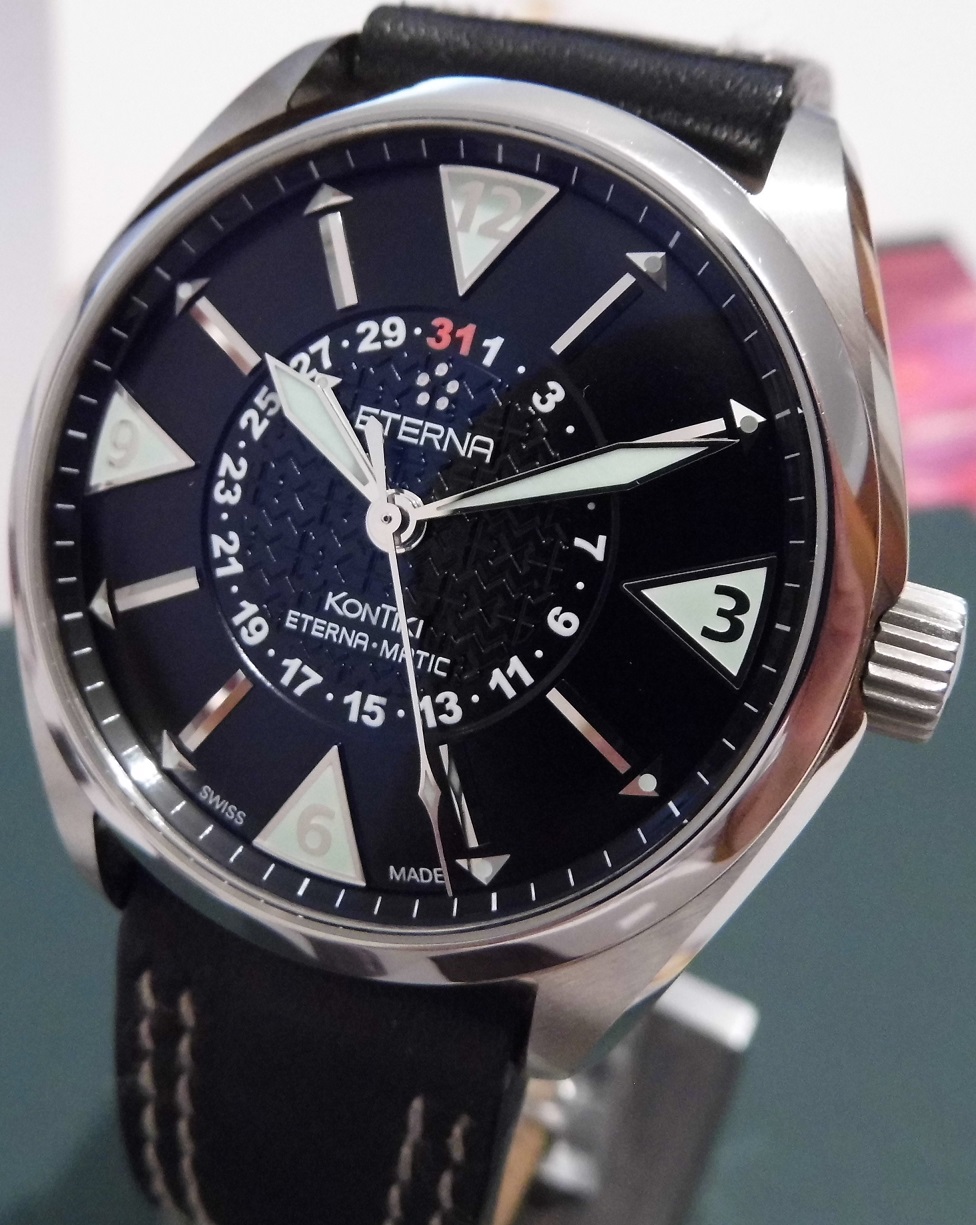 Eterna Kontiki Four Hands, Black Dial, Leather Strap