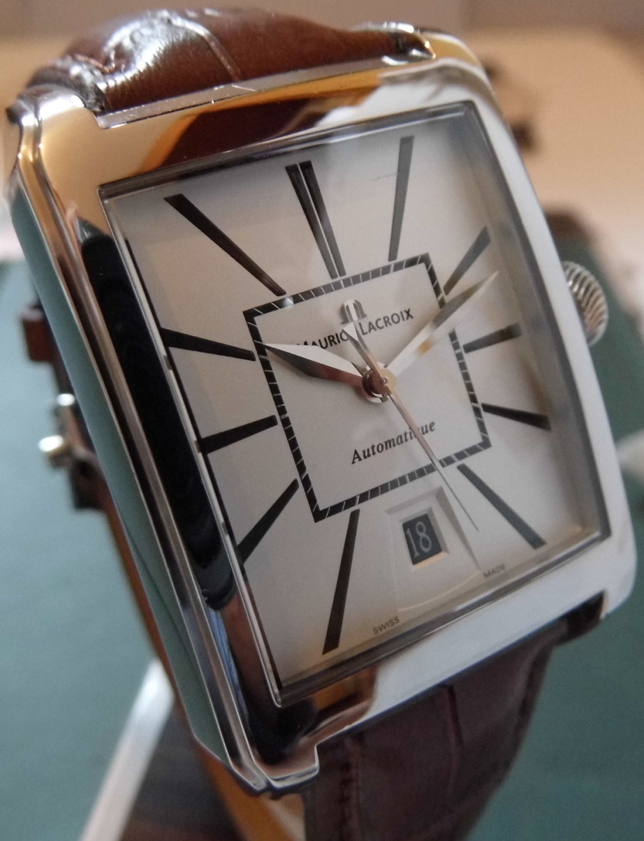 Maurice Lacroix Pontos Rectangulaire, SIlver Dial With Leather Strap