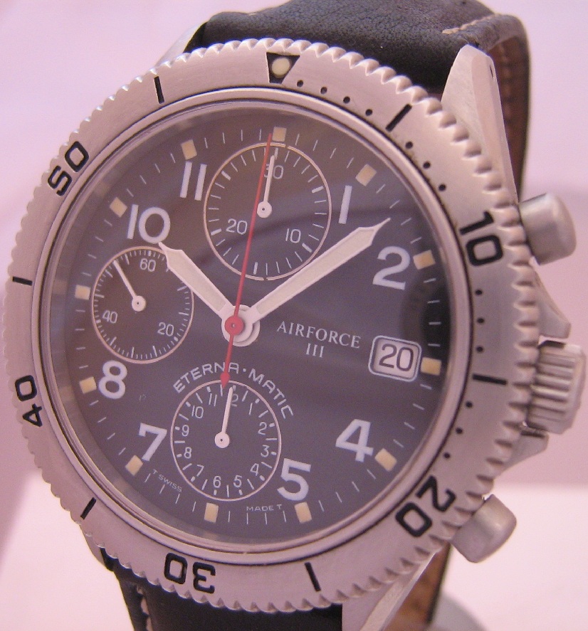 Eterna Airforce III Chronograph, Black Dial, Leather Strap