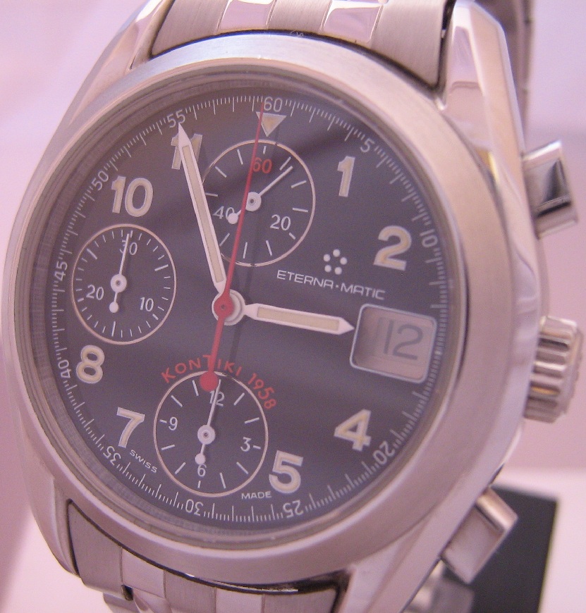 Eterna Kontiki Chronograph, Black Dial, Stainless Steel Bracelet