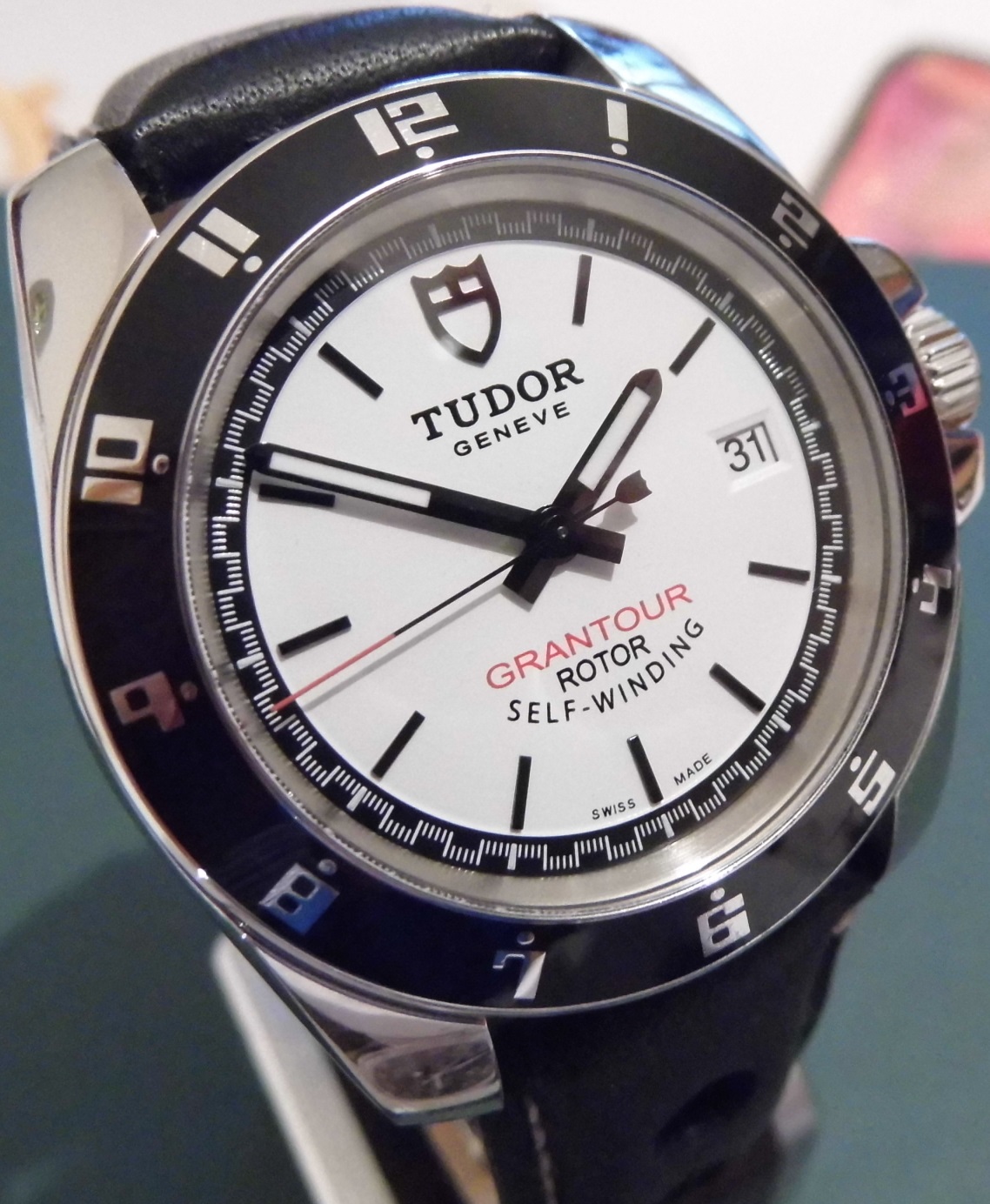 Tudor Grantour, White Dial With Black Leather Strap