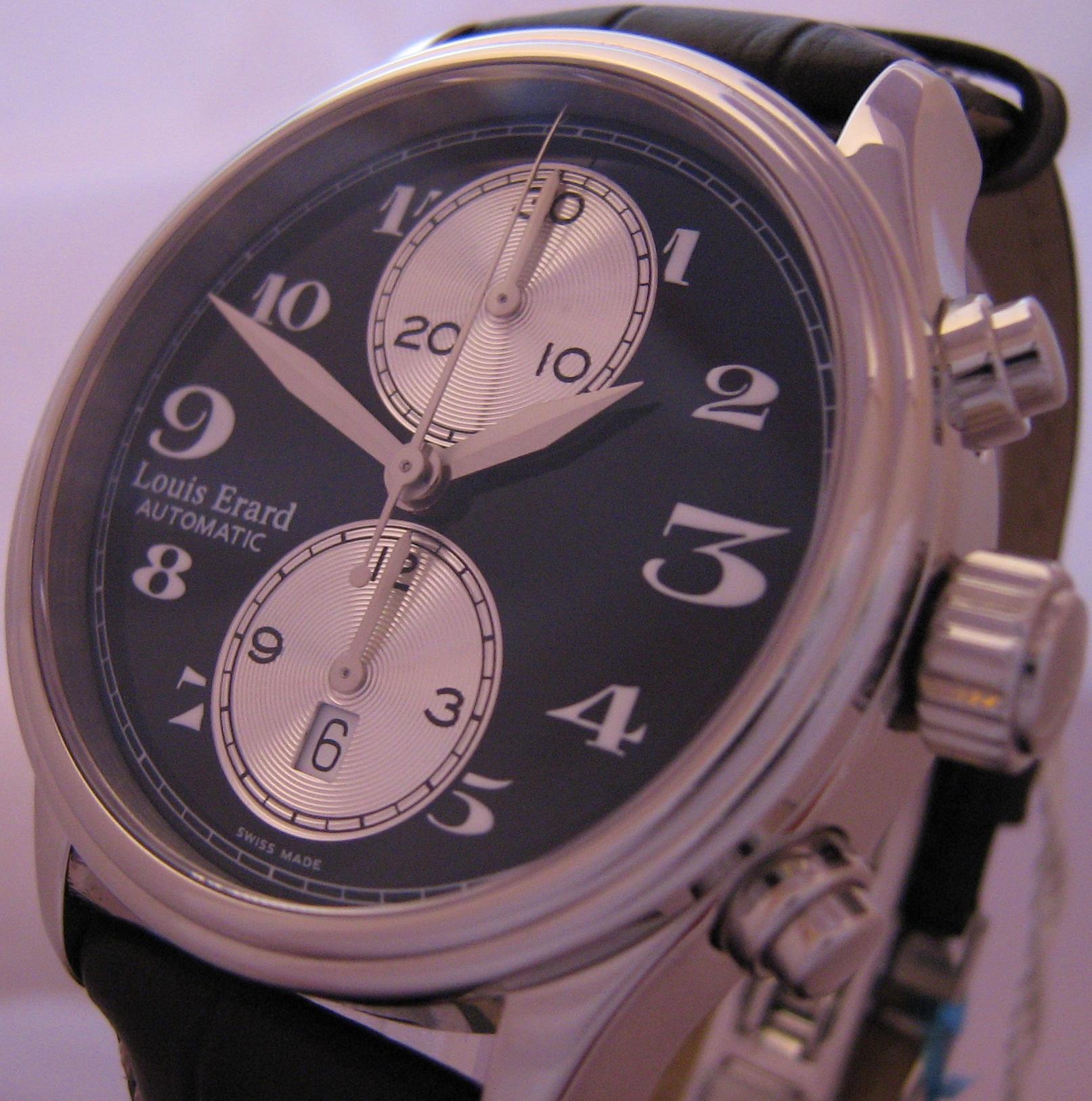 Louis Erard Heritage Chronograph, Black Dial With Leather Strap
