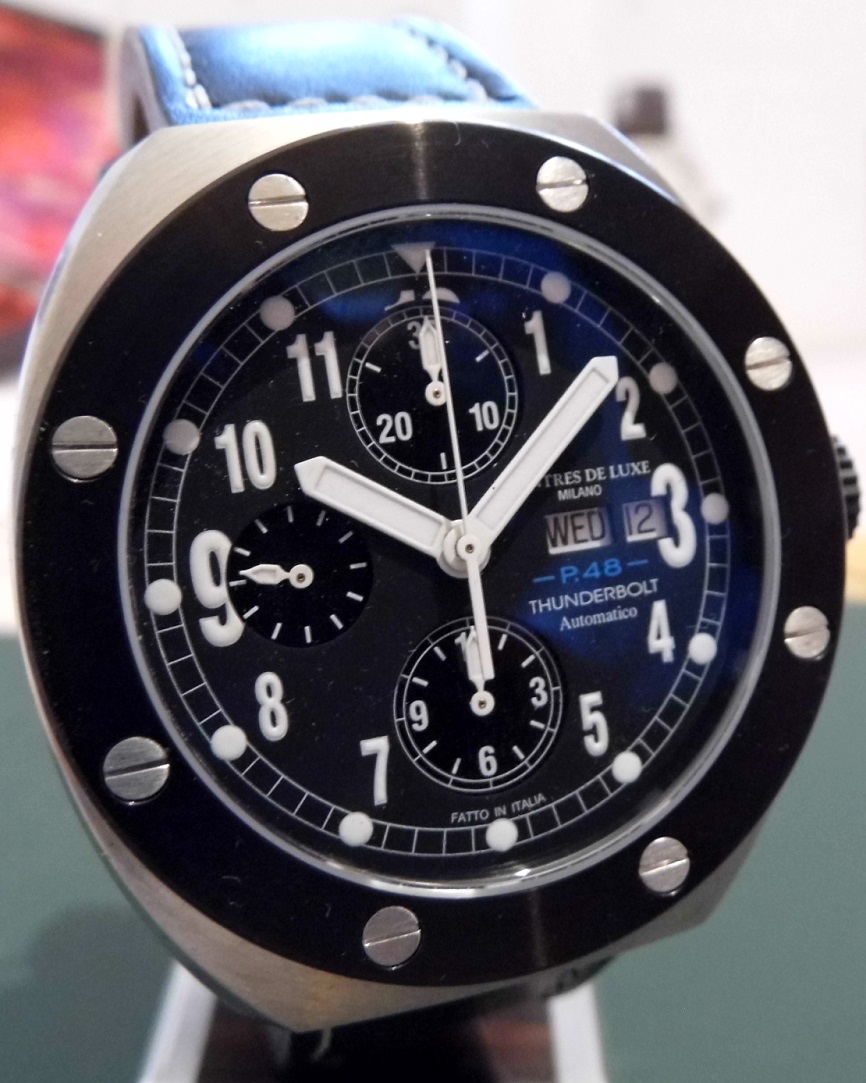 Montres De Luxe Thunderbolt Chronograph, Black Dial,  Leather Strap