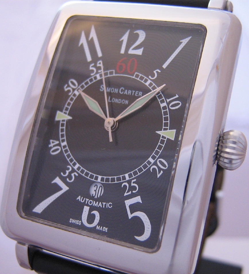 Simon Carter Tank Watch, Black Dial With Black Leather Strap