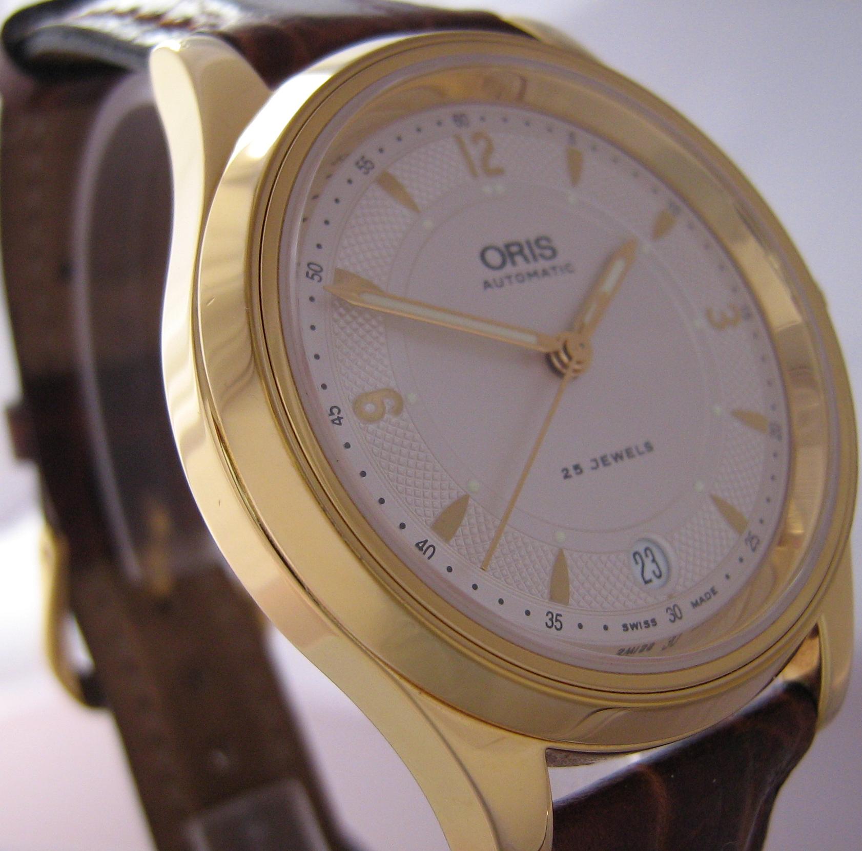 Oris Modern Classic Gold Watch, White Dial With Brown Leather Strap