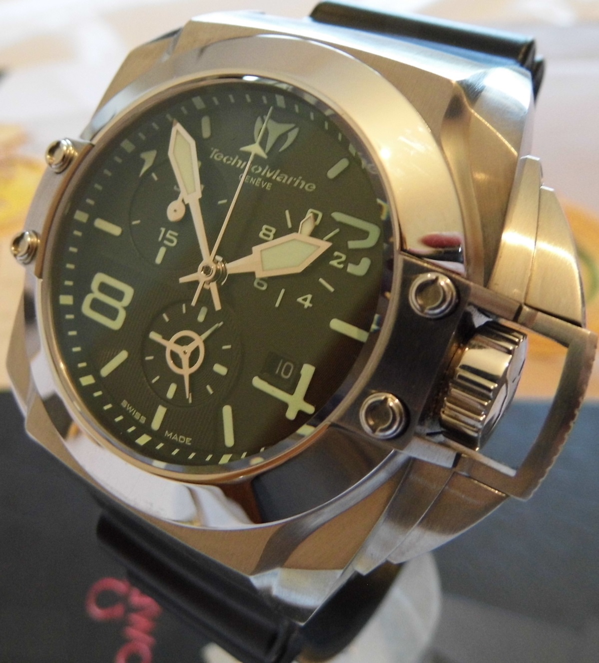 Technomarine Blackwatch Quartz Chronograph, Black Dial, Rubber Strap