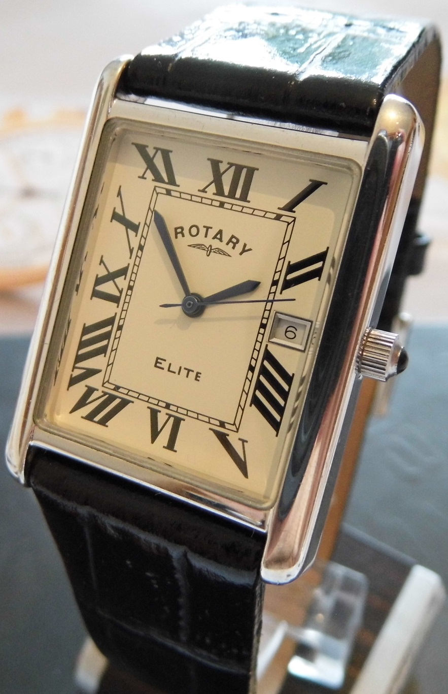 Rotary Elite Silver, White Dial, Black Leather Strap