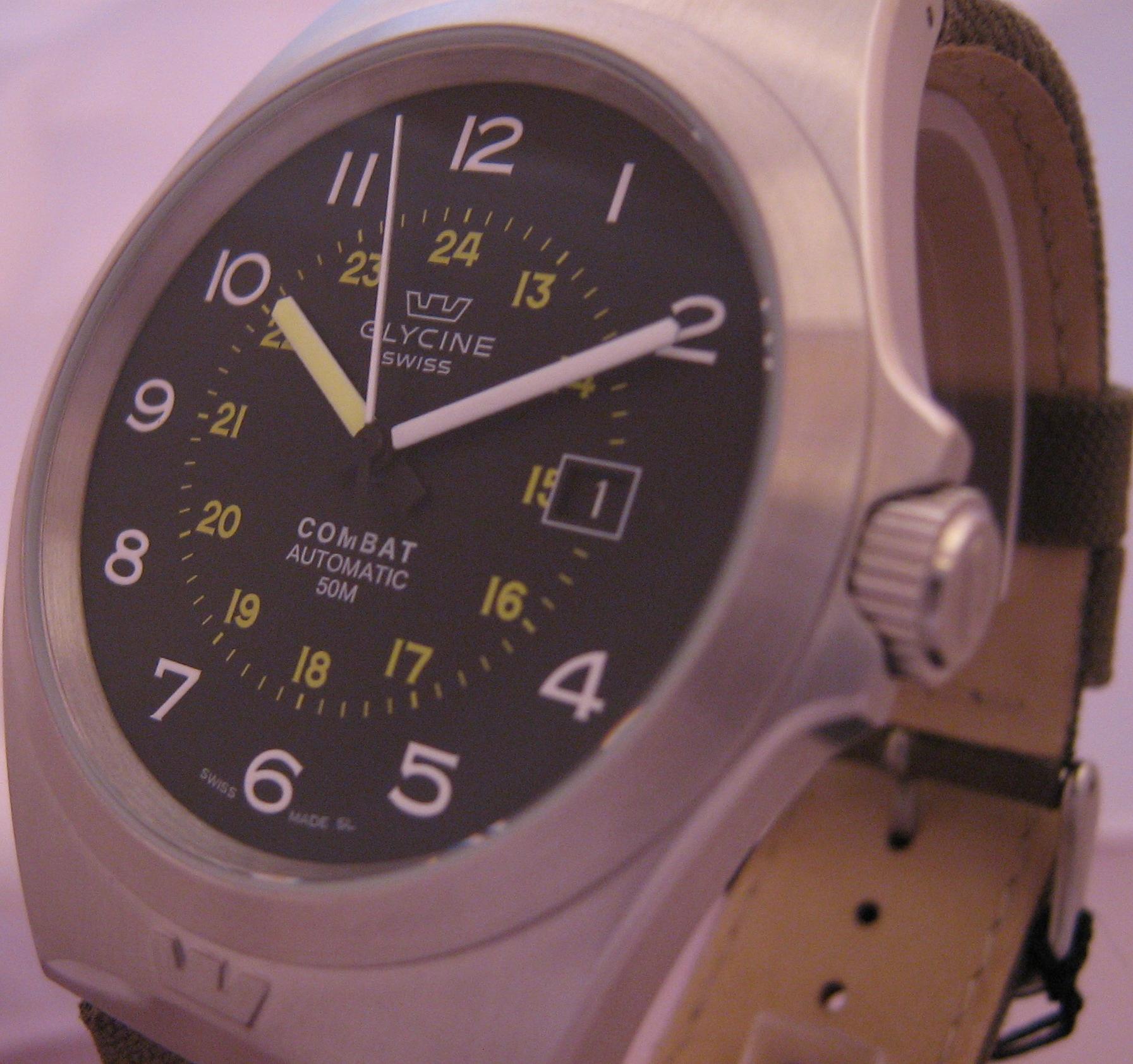 Glycine Combat Automatic Watch, Black Dial With Green Canvas/Leather Strap