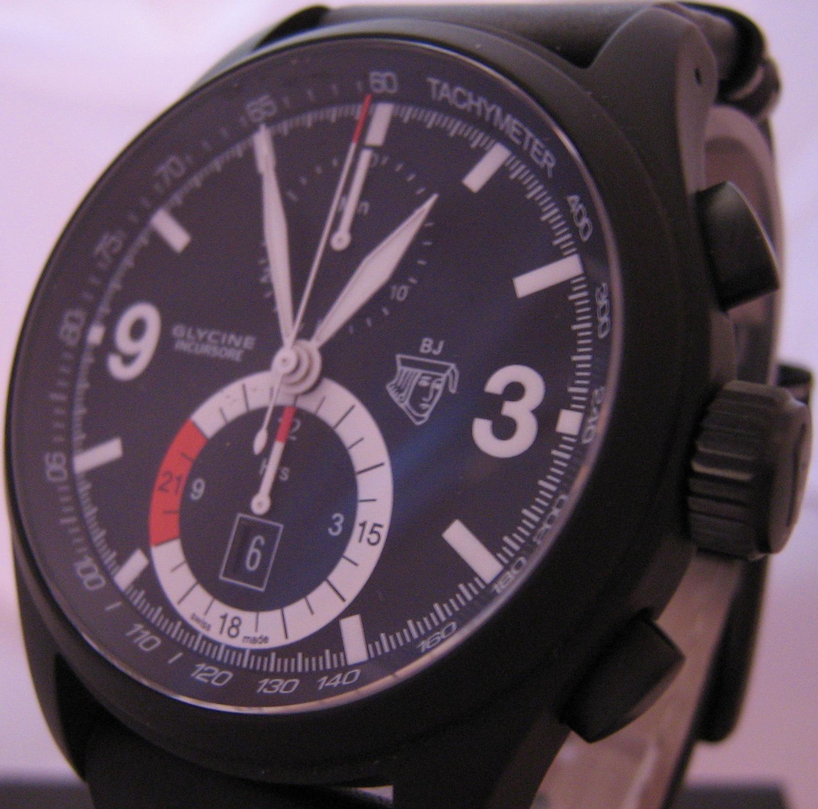 Glycine Black Jack Chronograph, Black Dial With Leather Strap