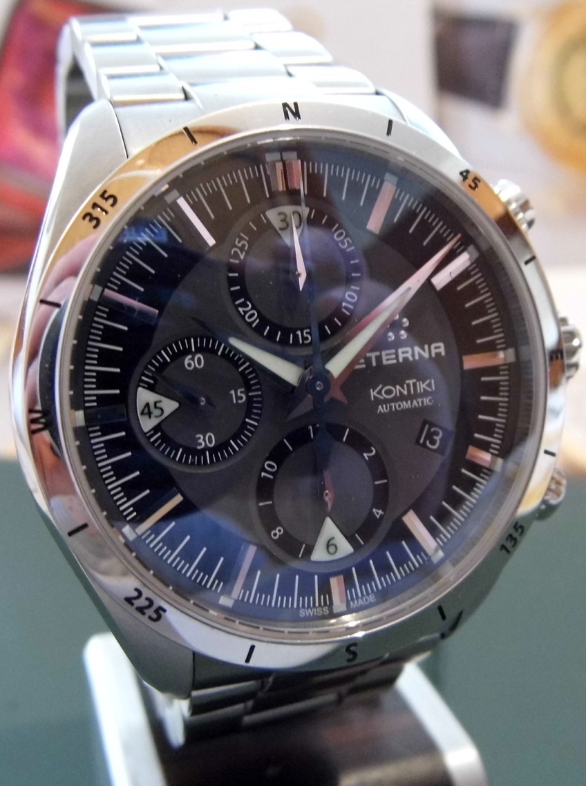 Eterna Kontiki Automatic Chronograph, Black Dial, Bracelet