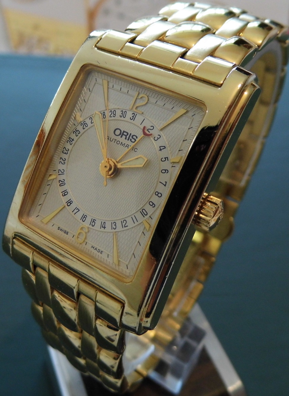 Oris Gold IP Rectangular Pointer Date, Silver Dial, Bracelet