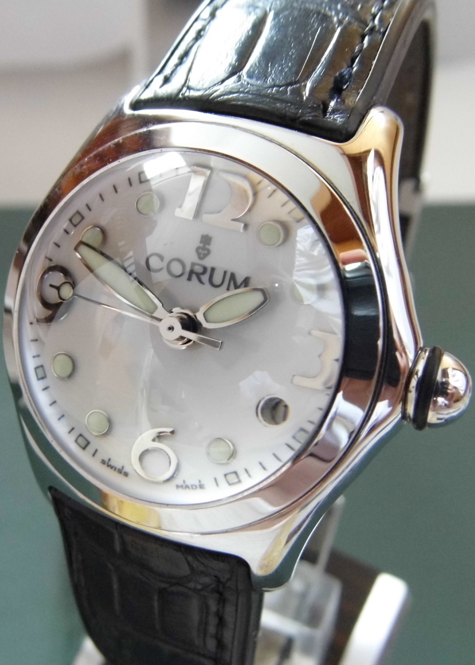 Corum Bubble Quartz, Silver Dial, Black Leather Strap