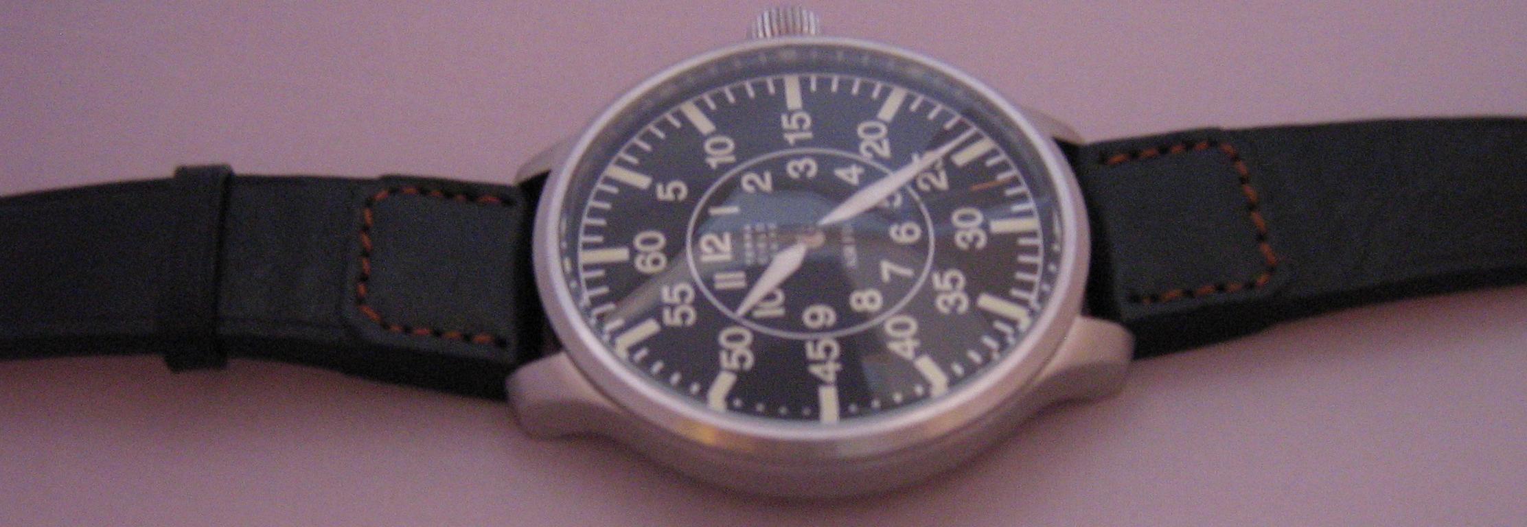 Pelican 55MM Pilots Watch, Black Dial With Leather Strap