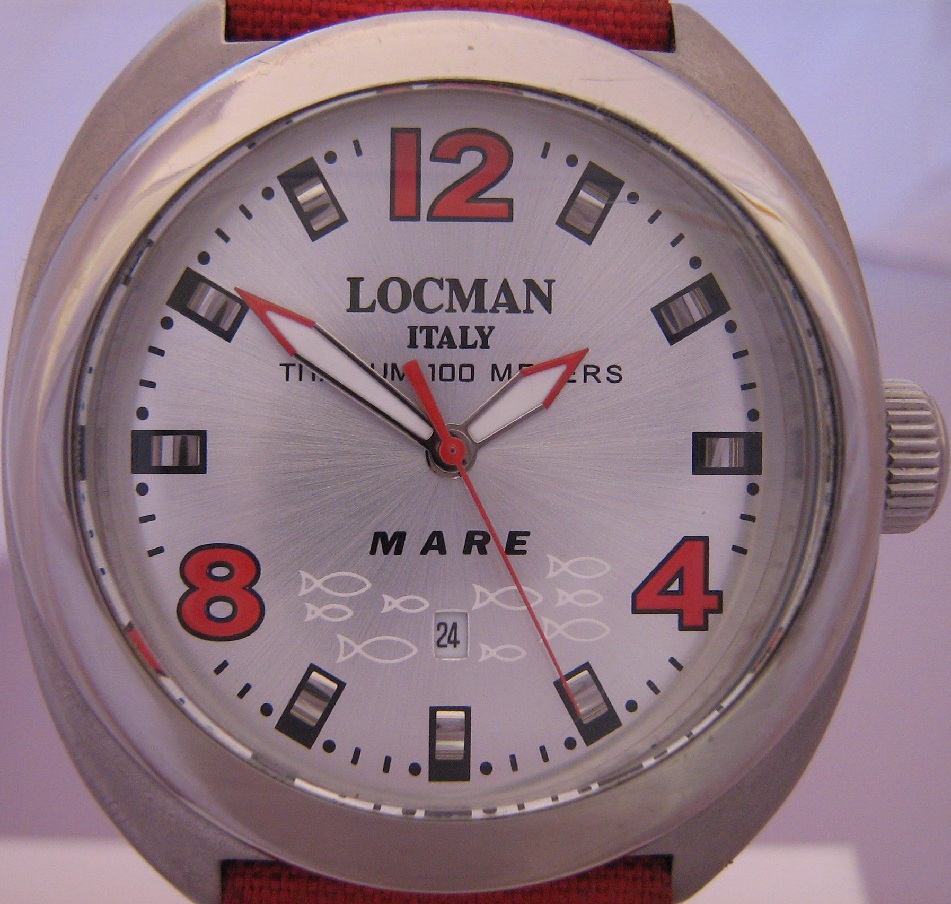Locman Mare Titanium Watch, Silver Dial With Red Strap