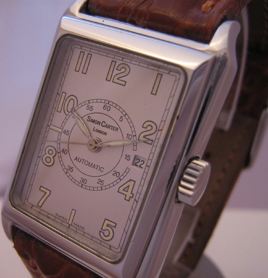 Simon Carter Automatic Tank Watch, Silver Dial With Leather Strap