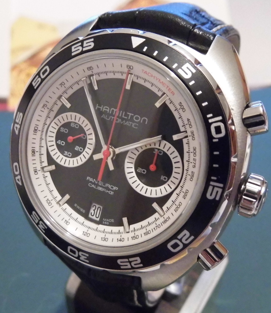 Hamilton Pan Europ Chronograph, Black Dial, Leather Strap