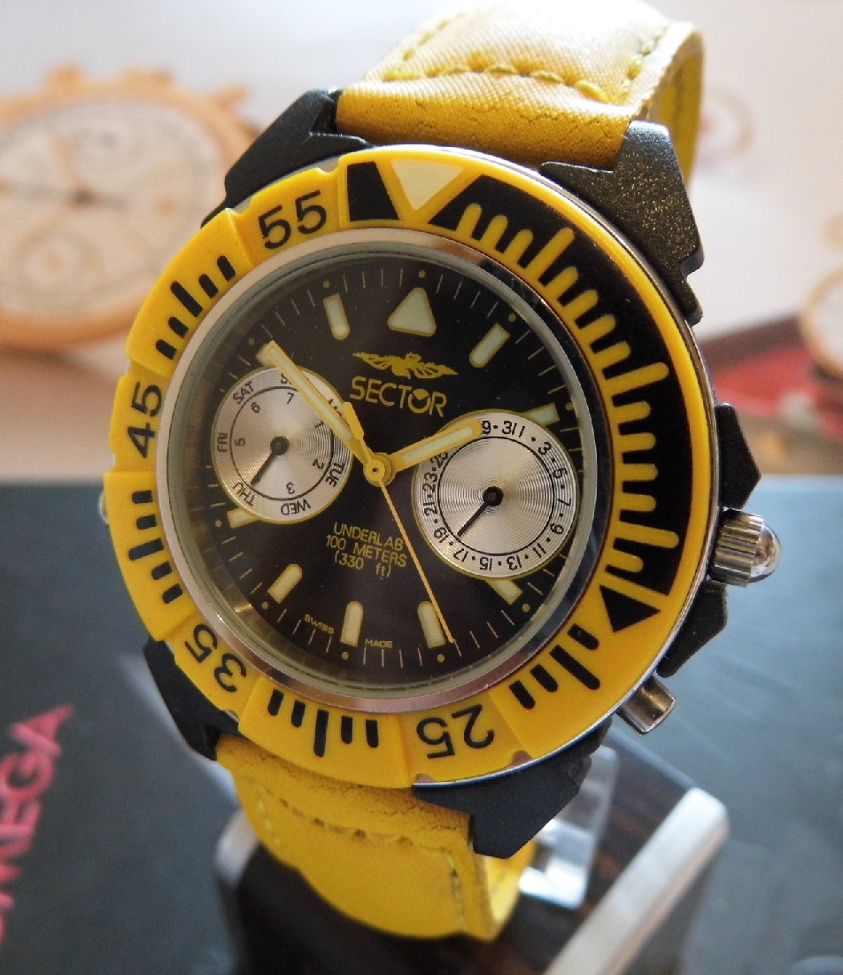 Sector Underlab, Black Dial, Yellow Leather / Canvas Strap