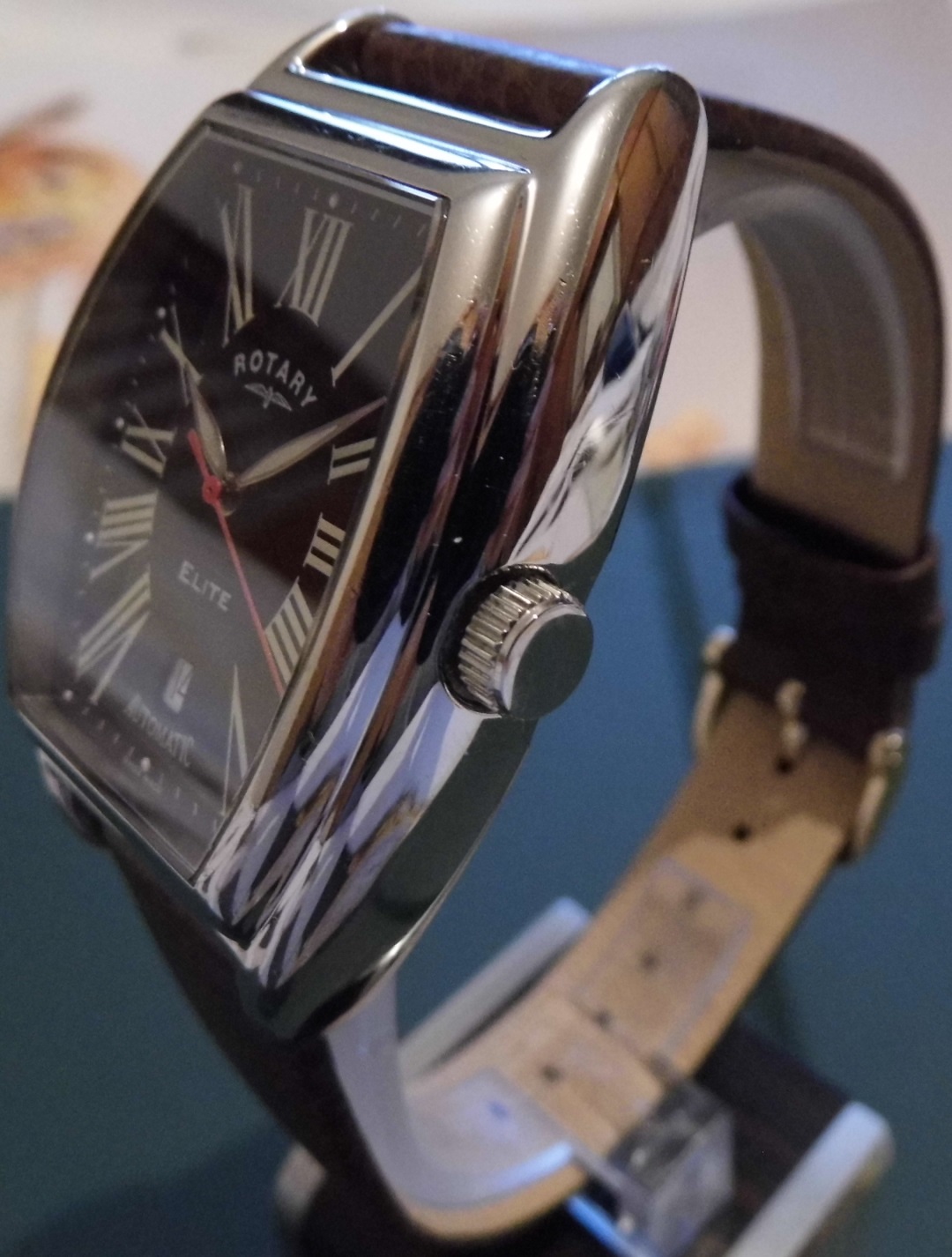 Rotary Elite Tonneau Limited Edition, Black Dial, Leather Strap