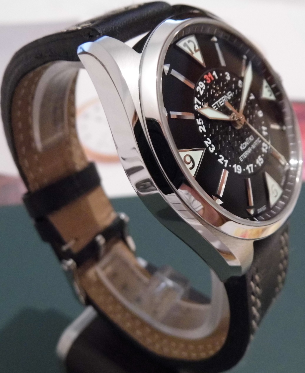 Eterna Kontiki Four Hands, Black Dial, Leather Strap