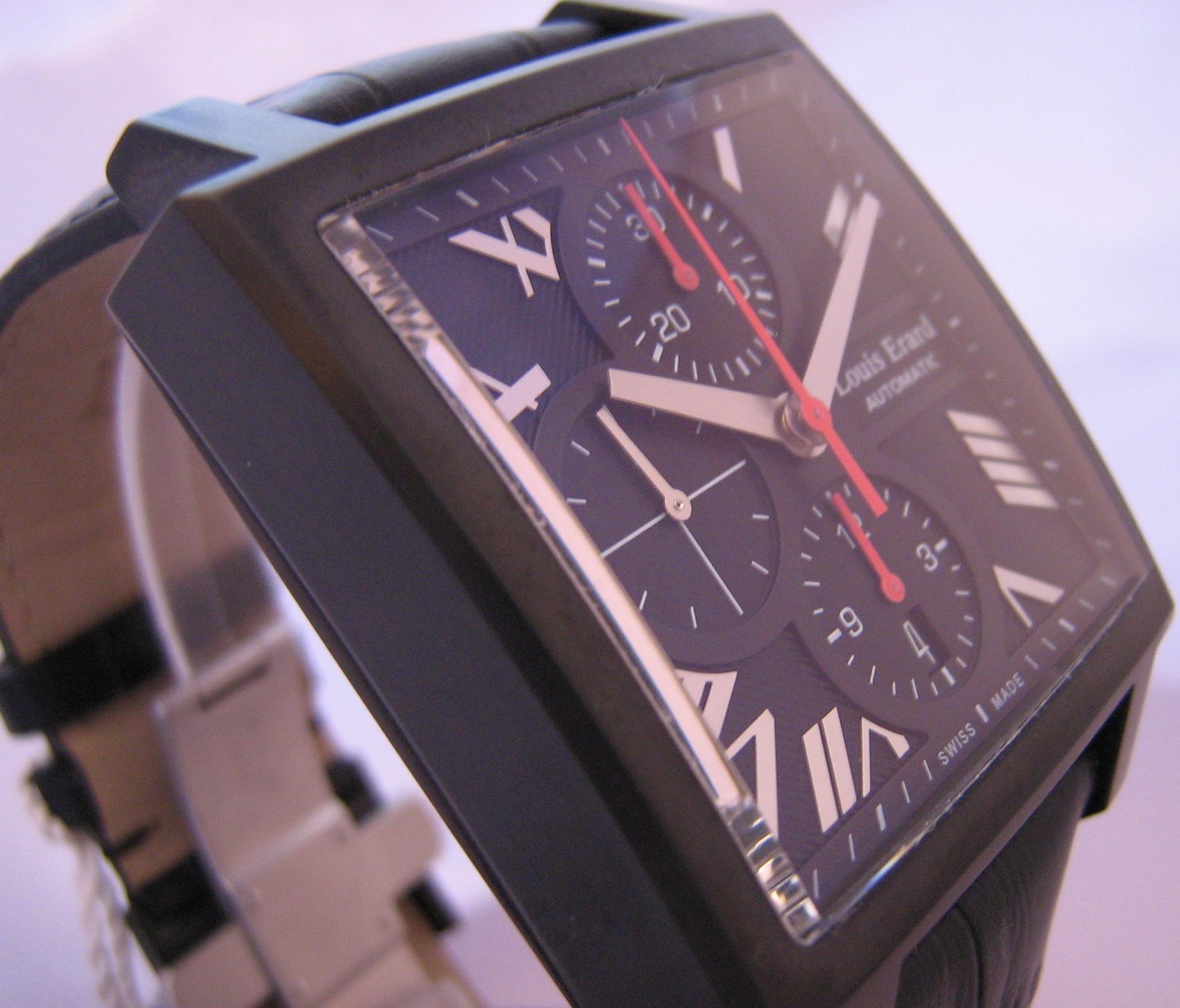 Louis Erard La Carree Automatic Chronograph, Black Dial With Leather Strap