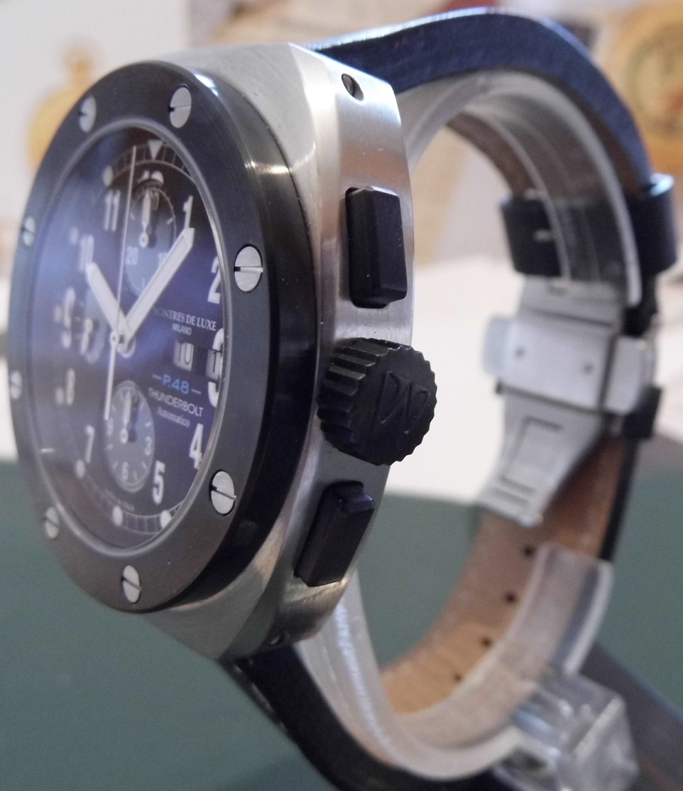 Montres De Luxe Thunderbolt Chronograph, Black Dial,  Leather Strap