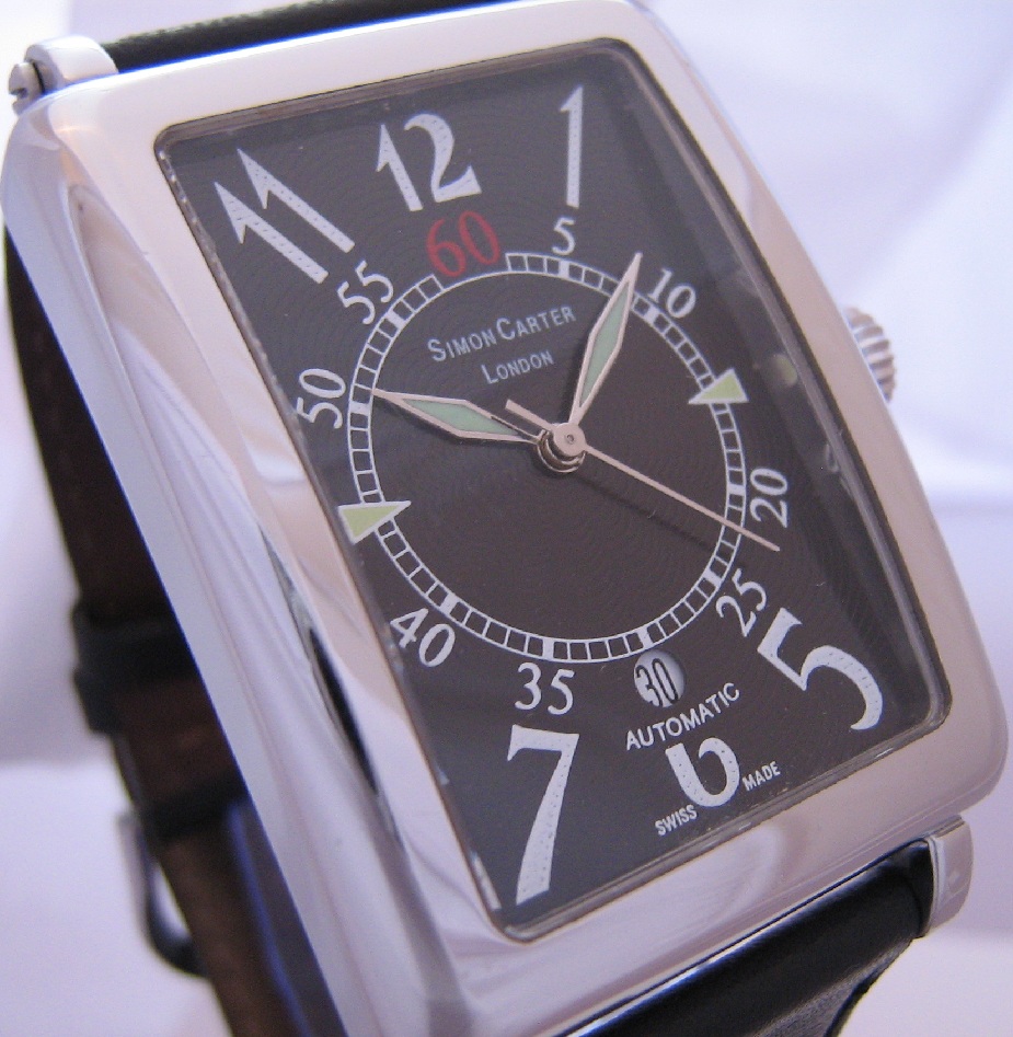 Simon Carter Tank Watch, Black Dial With Black Leather Strap