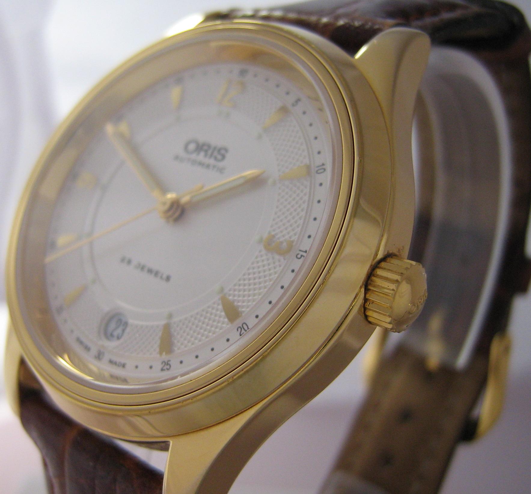 Oris Modern Classic Gold Watch, White Dial With Brown Leather Strap