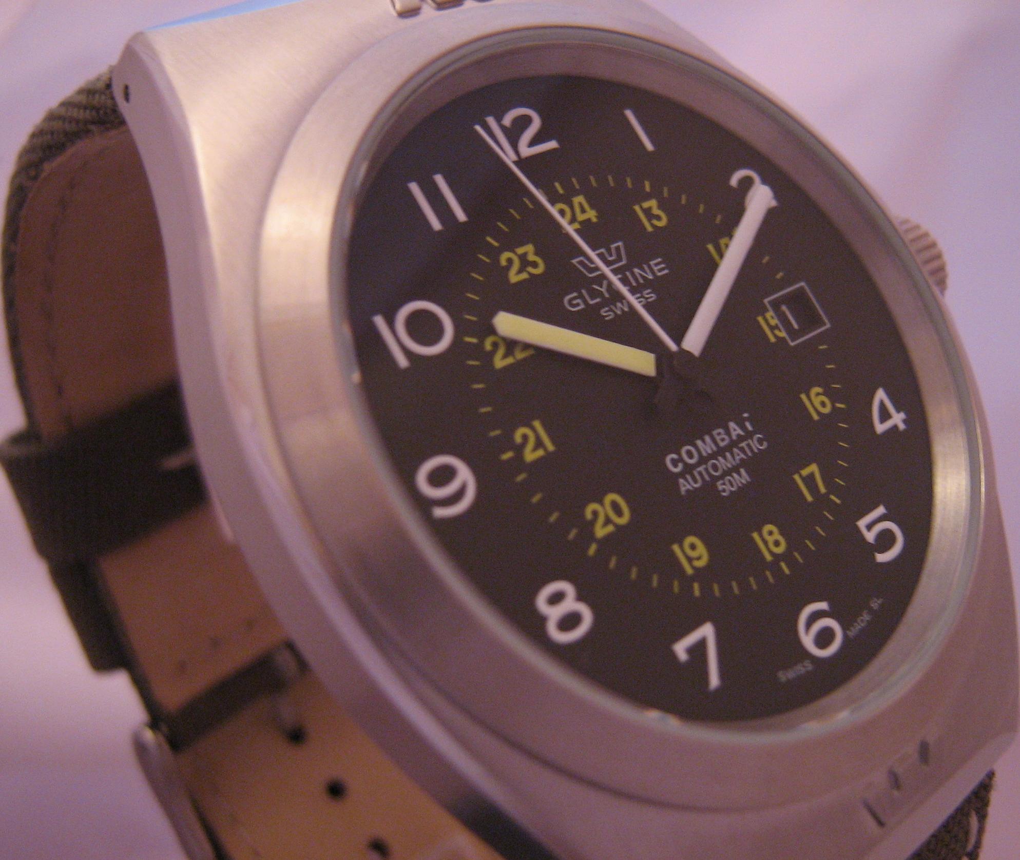 Glycine Combat Automatic Watch, Black Dial With Green Canvas/Leather Strap