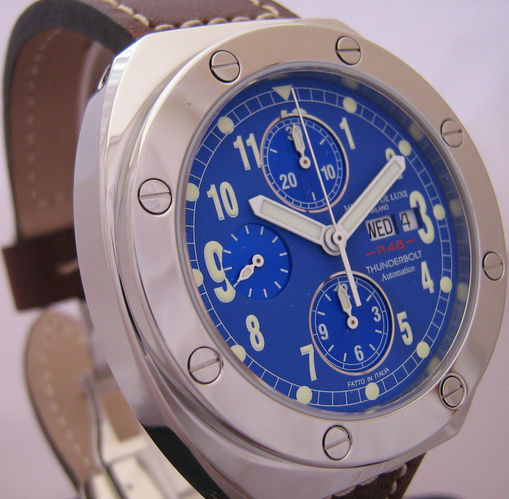 Thunderbolt Automatic Chronograph, Blue Dial With Brown Leather Strap