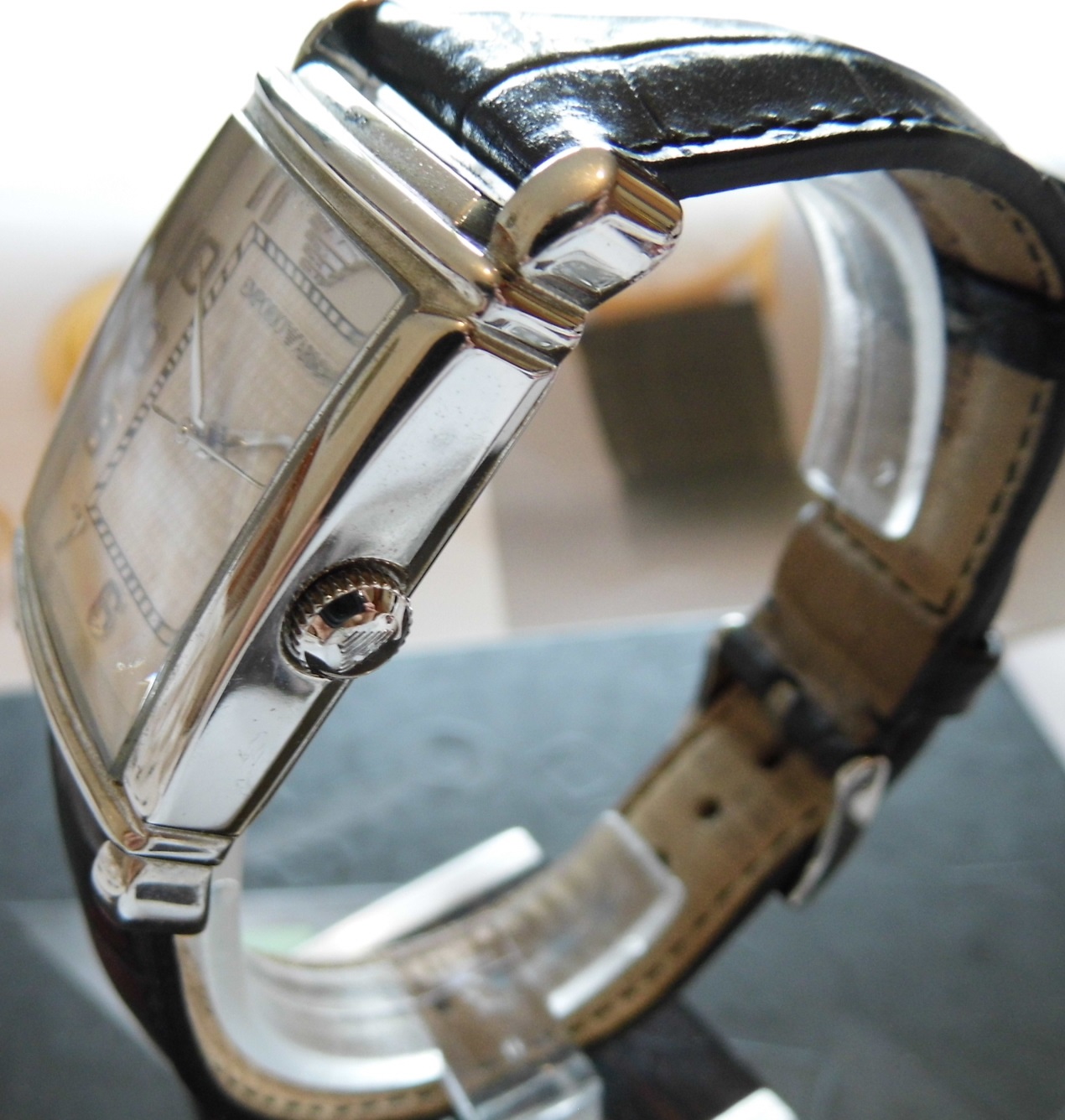 Emporio Armani Tank Watch, Silver Dial, Leather Strap