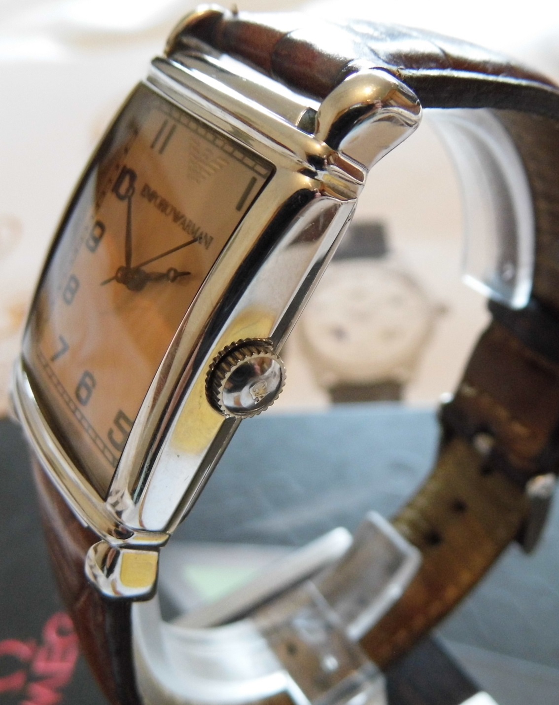 Emporio Armani Classic Tank, Brown Dial, Leather Strap