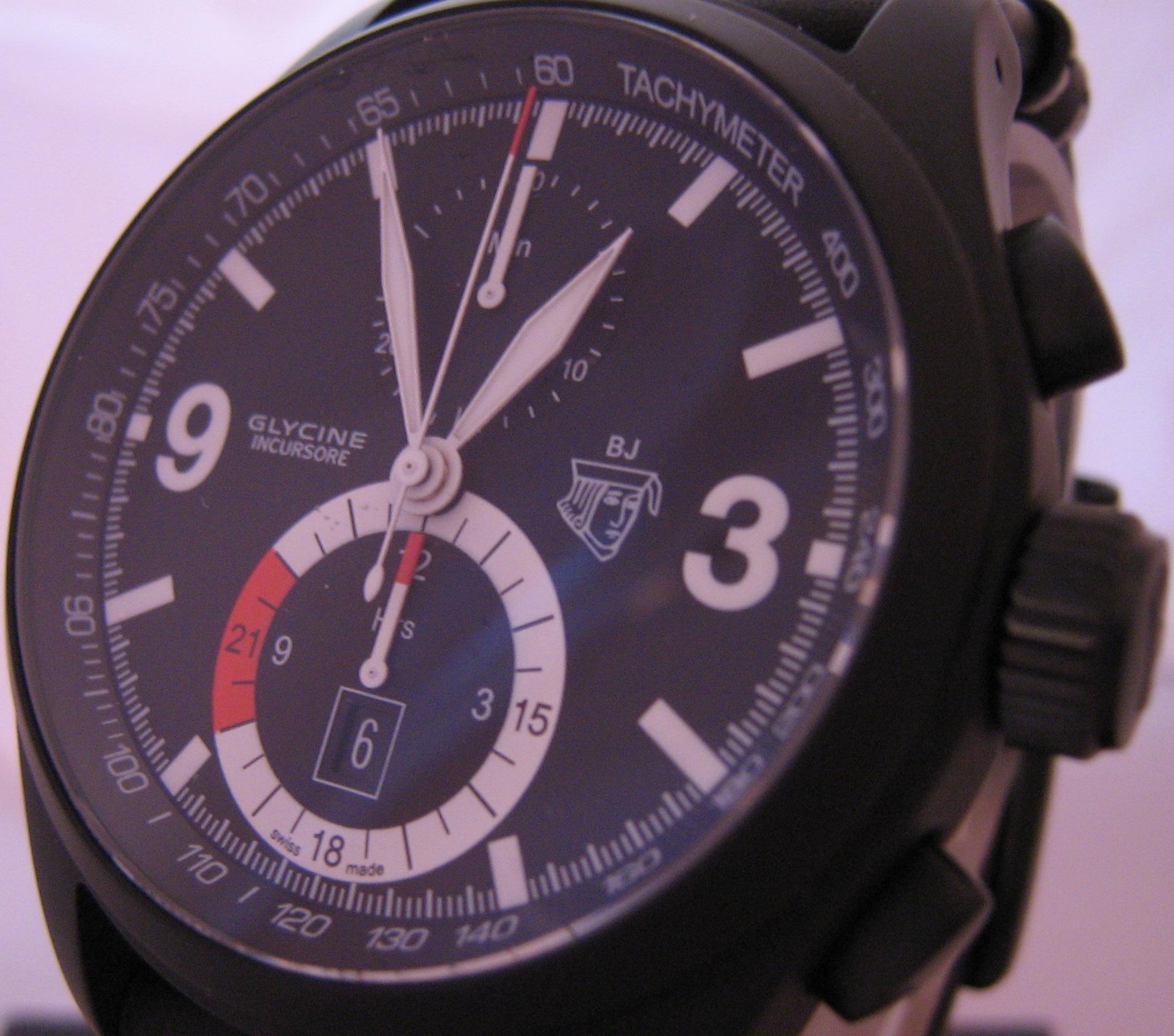 Glycine Black Jack Chronograph, Black Dial With Leather Strap