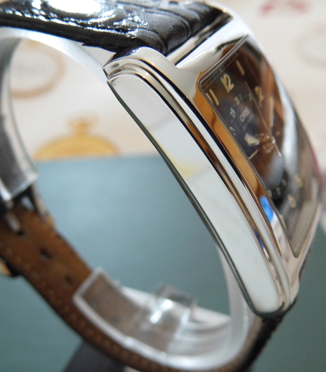 Oris Rectangular Pointer Date, Black Dial With Leather Strap